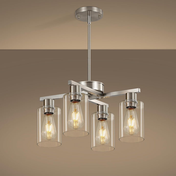 4-Light Brushed Nickel Dining Room Chandelier, Modern Glass Pendant Light