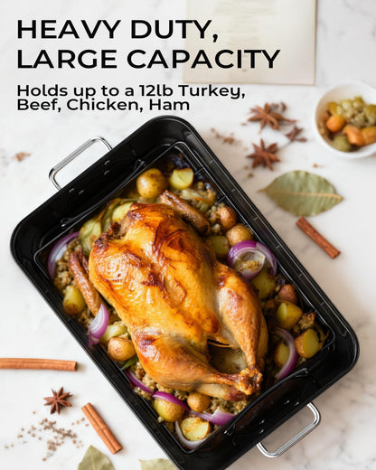 Nonstick Turkey Roasting Pan with 2 Racks, up to 12 Lb Turkey | Heavy-Duty Carbon Steel, 16" * 11", PFAS & PFOA Free, Dishwasher Safe, Built to Last for Turkey, Roasts & Baking.3