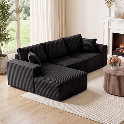 110" Boneless Cloud Sectional Couch for Living Room, L Shaped 3 Seater Modular Corduroy Sofa with Chaise, Deep Seated Oversized Boneless Couches, Compressed Sofa in a Box, No Assembly, Black8
