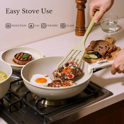 Pots and Pans Set Non Stick, Ceramic Cookware Set Detachable Handle, RV Camping Kitchen Cooking Set Removable Handles, Dishwasher/Oven/Fridge Safe, Induction, Space Saving，Cream White6