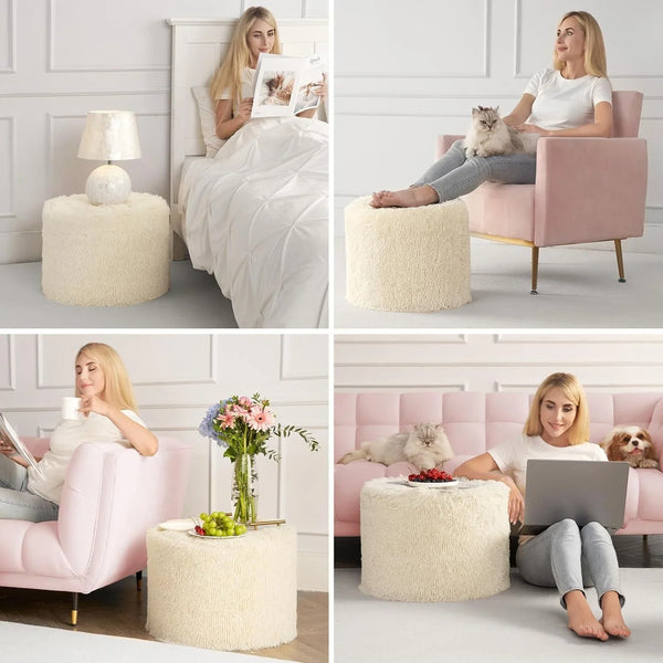 round Pouf Ottoman Foot Rest, Footstool, 17 X 14 Inch, Beige | High-Density One-Piece Foam, Firm & Stable, for Couch, Bedroom, Living Room, Mechine Washable Cover8