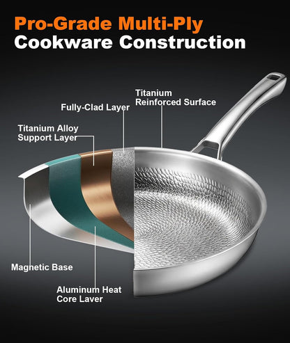 Titanium Pans for Cooking, 12" Uncoated Hammered Titanium Pro Frying Pan, PFAS Free Cookware, Frying Pan with Lid, Non Toxic Tri-Ply Skillet for Cooking, PFAS/PFOA/PTFE Free, Induction & Oven-Safe6