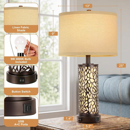 25" Farmhouse Table Lamps Set of 2 with USB A+C Ports and Night Light5