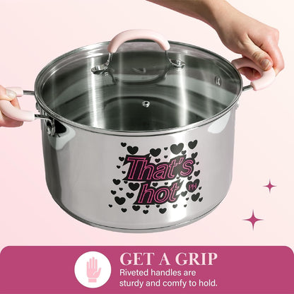 Stainless Steel Stock Pot with Iconic Color Changing "That'S Hot" Heat Indicator Decal, Features Soft Grip Handles and Measure Marks, 8-Quart, Pink4