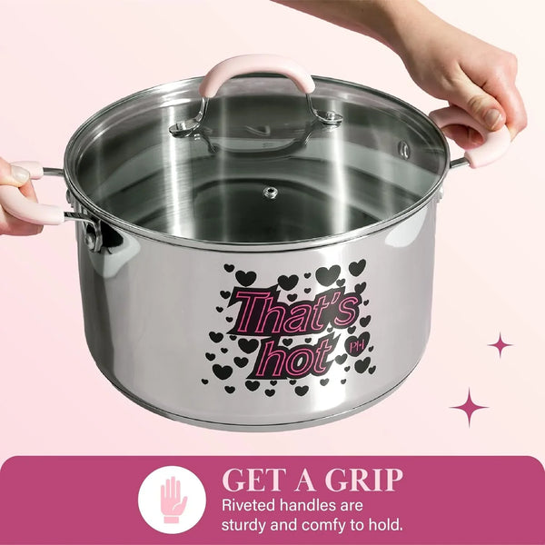 Stainless Steel Stock Pot with Iconic Color Changing "That'S Hot" Heat Indicator Decal, Features Soft Grip Handles and Measure Marks, 8-Quart, Pink4