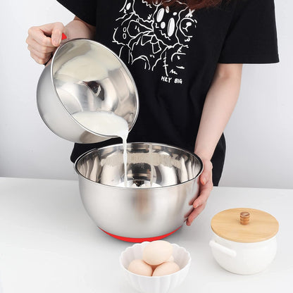 304 Mixing Bowls with Lids Set of 2,Stainless Steel Mixing Bowl with Pour Spout, Non-Slip Handle and Bottoms, 3 Grater Attachments, Measurement Marks & Lid, Size 5QT, 3Qt(Red)8