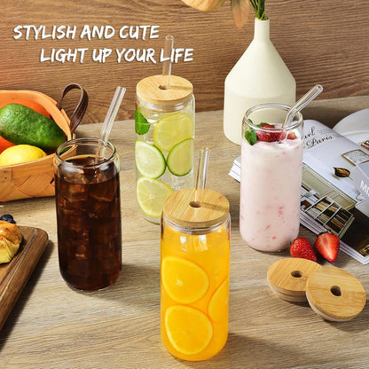 20 Oz Drinking Glasses - 6 Pcs Glass Cups with Bamboo Lids and Straws | Food-Grade Durable Clear Tumbler, Coffee Bar Accessories, Aesthetic Gift, for Beer, Iced Tea, Include 2 Cleaning Brushes3
