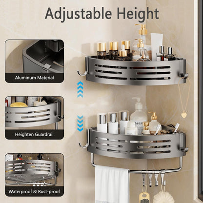 Corner Shower Caddy, 2 Pack Aluminum Alloy Shower Shelves with Adhesive Stickers, No Drilling, Removable Organizer with Towel Bar & Hooks2
