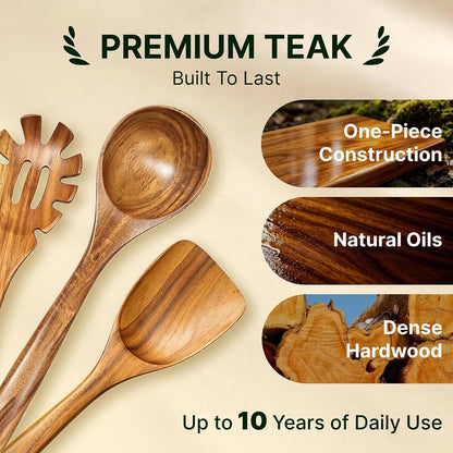 8 PCS Teak Wood Kitchen Utensil Set, Natural Wooden Cooking Spoons & Spatulas, Non Toxic Cooking Tools for Nonstick Cookware, Comfortable Handles, Easy Care3