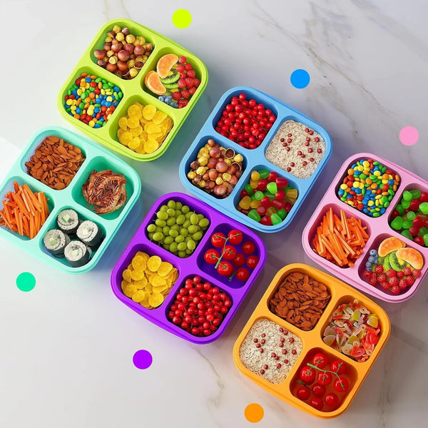 6 Pcs Bento Snack Containers, Reusable 4 Compartment Food Storage Container with Lids, Divided Lunchable Container, Freezer, Microwave & Dishwasher Safe (6 Color)7