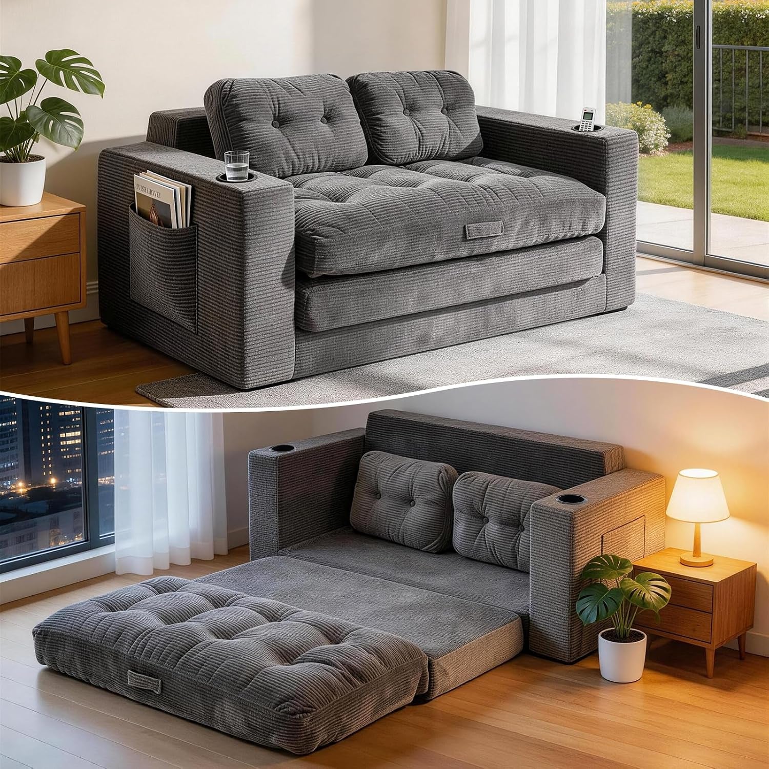63-loveseat-sleeper-sofa-bed-boneless-convertible-corduroy-pull-out-couch-with-cup-holders-and-2-pillows-space-saving-sofa-bed-for-small-spaces-living-room-bedroom-grey