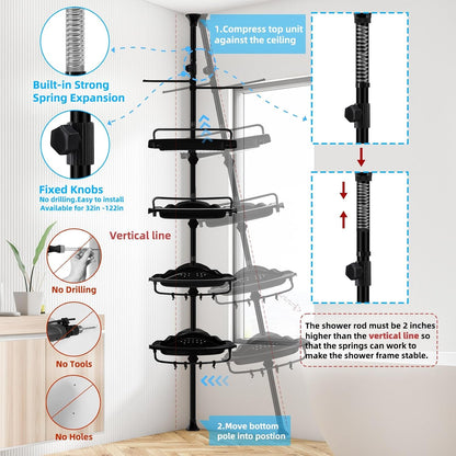 32-122Inch Corner Shower Caddy Tension Pole Black, Rustproof Drill-Free Shower Shelves for Bathroom Bathtub Washbasin, Adjustable Shower Organizer with 4 Tier Patent Stable Shelves & Towel Bars6