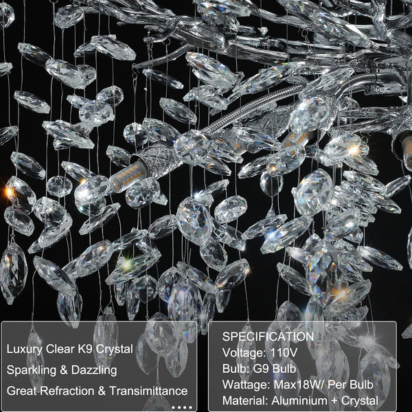 118" Large Crystal Chandelier for High Ceiling, 28-Light Silver Tree Branch Chandelier for High Ceilings, Staircase, Foyer, Entryway, Living Room, Luxury Long K9 Crystal Raindrop Tiered Chandeliers8