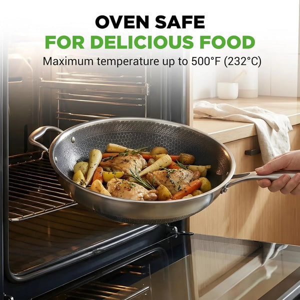 12" Stainless Steel Durable Wok - Triply Kitchenware Wok with Glass Lid, Side Handle - DAKIN Etching Non-Stick Coating, Scratch-Resistant Raised-Up Honeycomb Fire Textured Pattern4