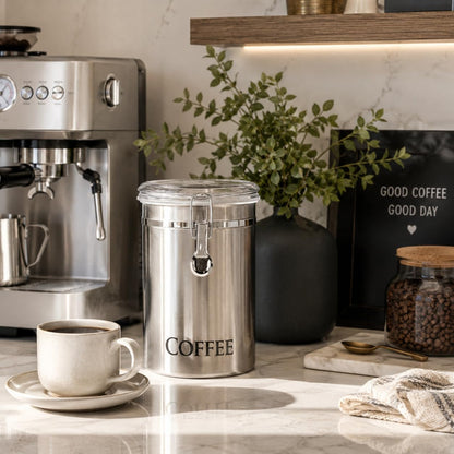 Oggi Stainless Steel Coffee Canister 62 Fl Oz - Airtight Clamp Lid, Clear See-Thru Top - Ideal for Coffee Bean Storage, Ground Coffee Storage, Kitchen Storage, Pantry Storage. Large Size 5" X 7.5".3