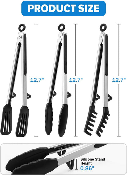 Kitchen Tongs for Cooking, Stainless Steel, Non Scratch Silicone Tip,3 Pack3