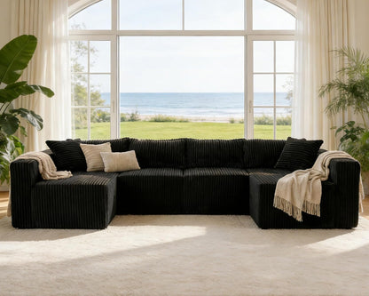 128" U-Shaped Modular Sectional Sofa No Assembly Required, Oversized Cloud Couch with Double Chaise, Corduroy Fabric for Living Room & Apartment, Black1