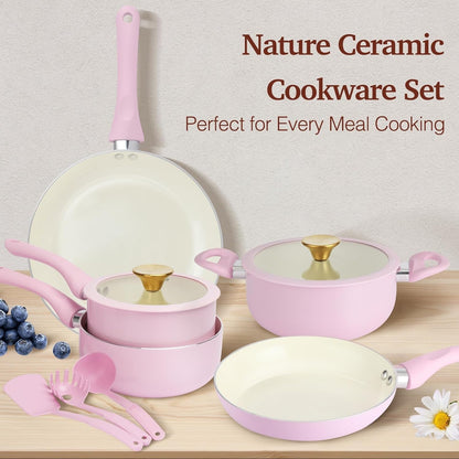 Pots and Pans Set Non Stick, 11Pcs Pink Ceramic Cookware Set | Compact Nonstick Cooking Set, Induction Cookware Set, PFOA & PFAS Free, Non-Toxic, Easy Food Release, Easy to Clean6