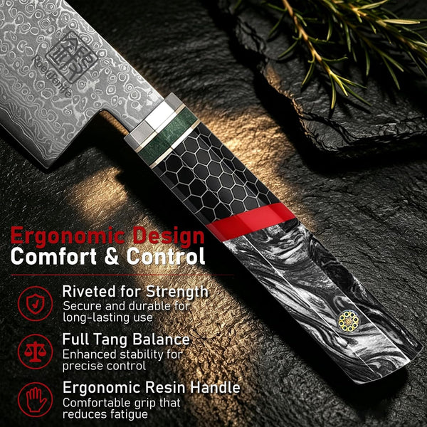 Damascus Santoku Knife - 7 Inch 67 Layers Damascus Chef Knife with Octagonal Resin Handle, Professional Japanese Knife for Meat, Fish & Vegetable Cutting, Razor Sharp Cooking Knives for Gift Idea3