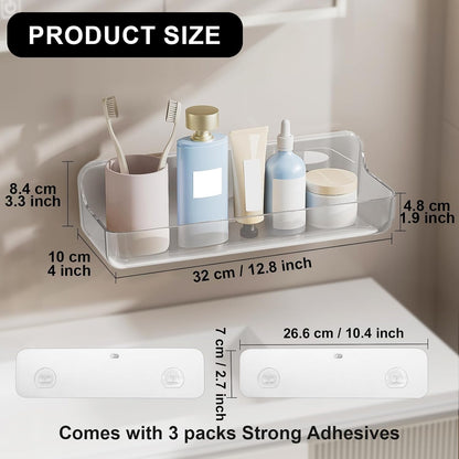 Plastic Wall Mount Organizer, Adhesive Clear Acrylic Shelf, No Drilling Hang Walls Shower Caddies, with Self Adhesive Tape, for Bathroom, Kitchen, Utility Room,3.8D X 12.8" W X 3.3" H2