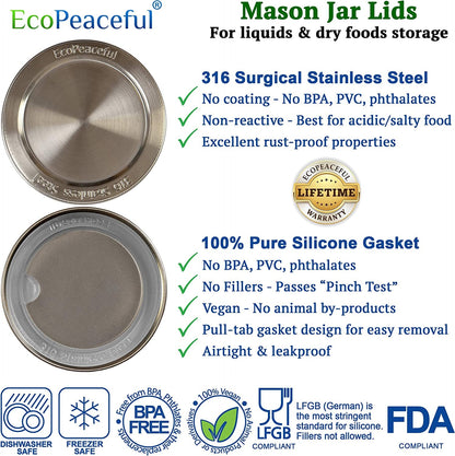316 Surgical Stainless Steel Mason Jar Lids WIDE Mouth -ORIGINAL DESIGN- Stackable W/Pull-Tab Silicone Ring Seal. Rust-Proof, Airtight, Leak-Proof, Bpa-Free, Pvc-Free - Not for Canning2