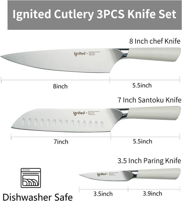 3 Piece Chef Knife Set - German Stainless Steel, Ivory White Handle | Ultra Sharp Kitchen Knives Set, Full Tang Design, Meat Vegetable Cutting Knife, Come with Gift Box2