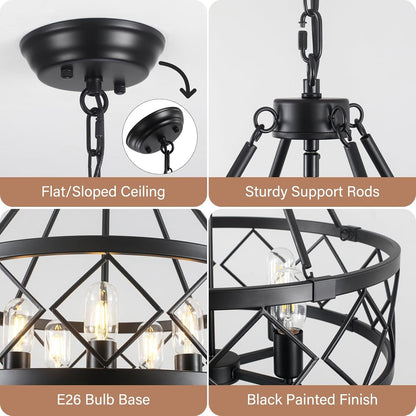 20" Black Chandelier, 5-Light Modern Farmhouse Dining Room Chandelier, Industrial Metal Cage Chandelier Hanging Light Fixture for Kitchen Island, Foyer, Entryway, Staircase, Living Room4