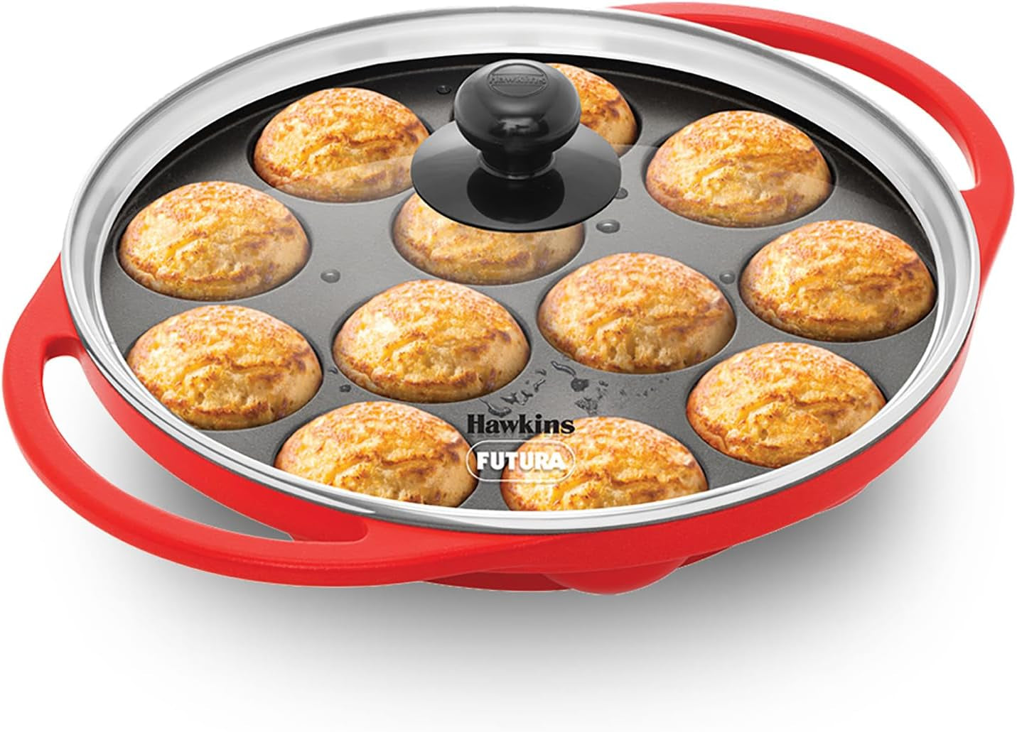 futura-24-cm-inside-diameter-appe-pan-26-cm-outer-diameter-non-stick-paniyaram-maker-with-glass-lid-12-cups-paniyarakkal-litti-kuzhi-paniyaram-ponganalu-red-nape24g