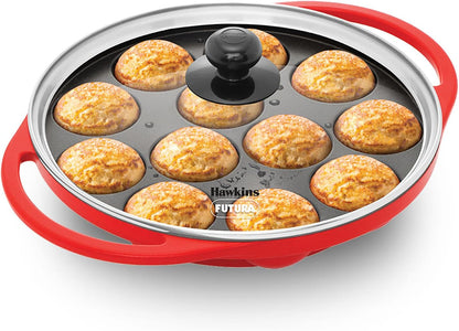 Futura 24 Cm (Inside Diameter) Appe Pan 26 Cm Outer Diameter, Non Stick Paniyaram Maker with Glass Lid, 12 Cups Paniyarakkal, Litti, Kuzhi Paniyaram, Ponganalu, Red (NAPE24G)1