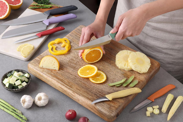 Classic 6 Piece Knife Set, Chef Santoku Utility Paring Serrated & Peeling Knives, Stainless Steel 15° Hollow-Ground Blades, Ergonomic Wheat Straw Handles8