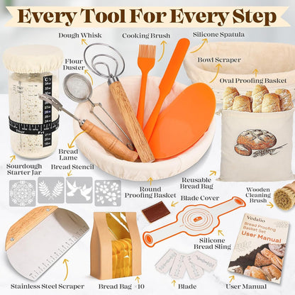Sourdough Starter Kit with Bread Proofing Baskets, Jars, Baking Essentials | 9 in round & 10 in Oval Baskets Set, Sourdough Bread Baking Supplies, Sour Dough Beginner Kit Gifts for Bakers Women Wife Mom2