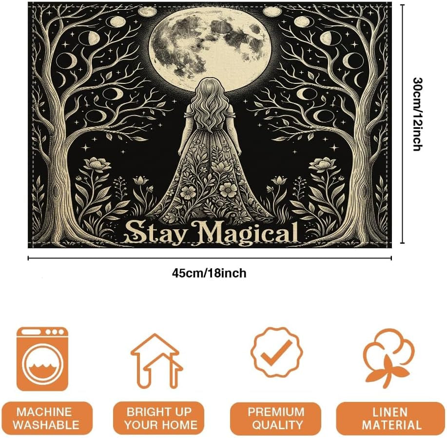 moon-placemats-set-of-6-fanciful-fantasy-trees-flowers-mystical-black-washable-non-slip-linen-placemats-decor-for-kitchen-indoor-outdoor-dinner-bbq-party-18x12-inch