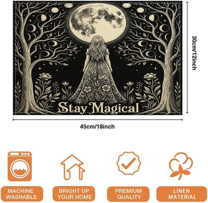 Moon Placemats Set of 6, Fanciful Fantasy Trees Flowers Mystical Black Washable Non-Slip Linen Placemats Decor for Kitchen Indoor Outdoor Dinner BBQ Party 18X12 Inch6