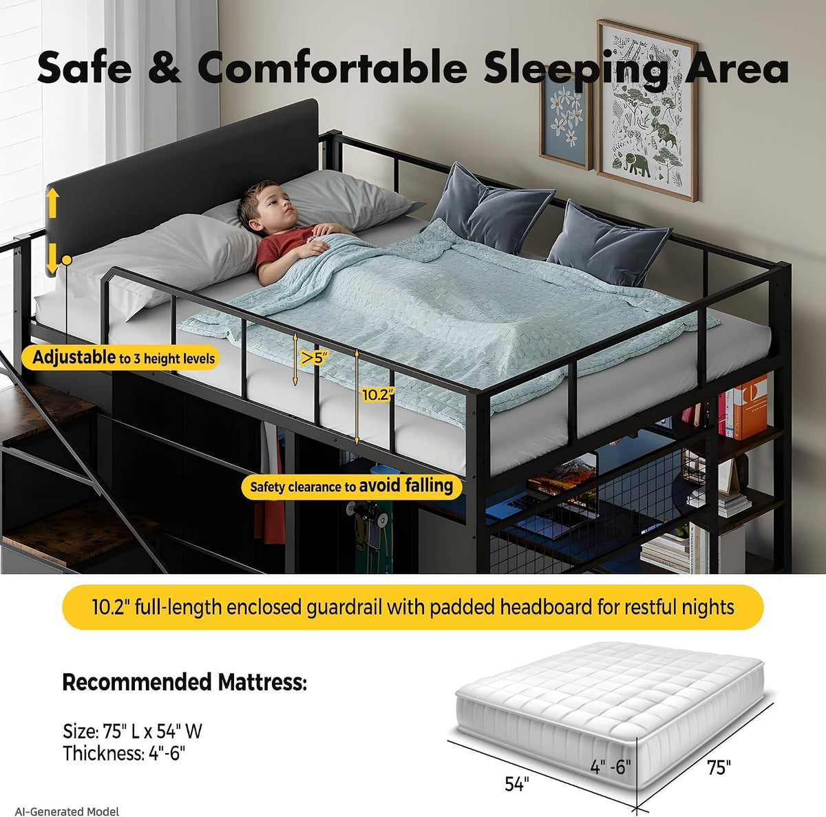 full-size-loft-bed-with-desk-stairs-led-light-metal-gaming-loft-bed-frame-with-headboard-safety-guardrails-charging-station-closet-fabric-drawers-space-saving-black-burnt-wood