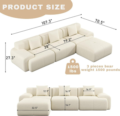 107" Cloud Modular Sectional Couch,Boneless Sofa with Ottman,L-Shape Upholstered Sofas with Deep Seat,Modern Cozy Corduroy Couches with Memory Foam,No Assembly Required (Beige)3