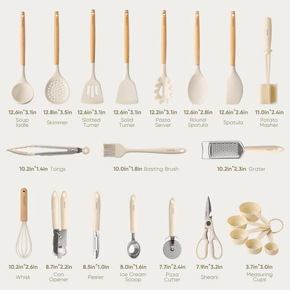 22-Piece Cooking Utensils Set with Wood Cool-Touch Handles, Cream2