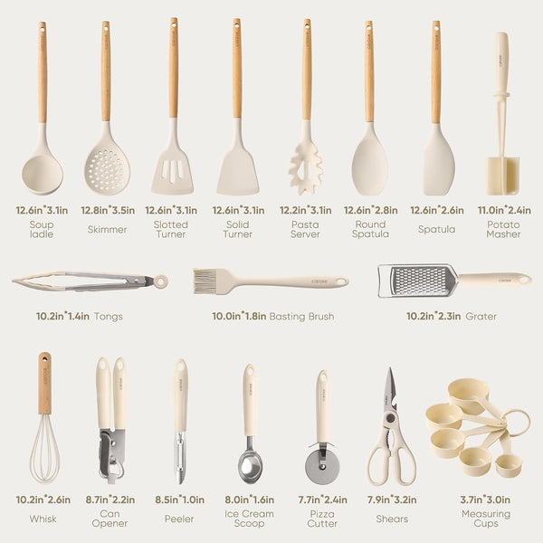 22-Piece Cooking Utensils Set with Wood Cool-Touch Handles, Cream2