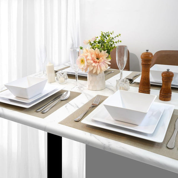 12-Piece Melamine Dinnerware Sets, Square, Service for 4, White8