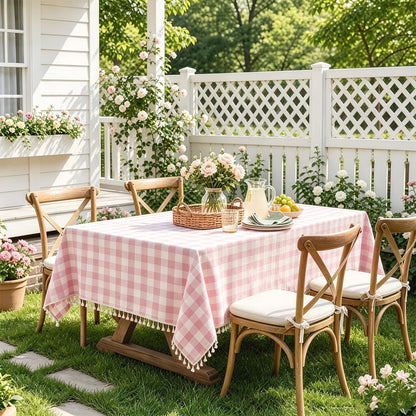 Gingham Tablecloth Rectangle Cotton Linen Fabric Checkered Table Cloth with Tassel Washable Wrinkle Free Buffalo Plaid Table Cover for Birthday Party Picnic Outdoor, Pink, 55X755