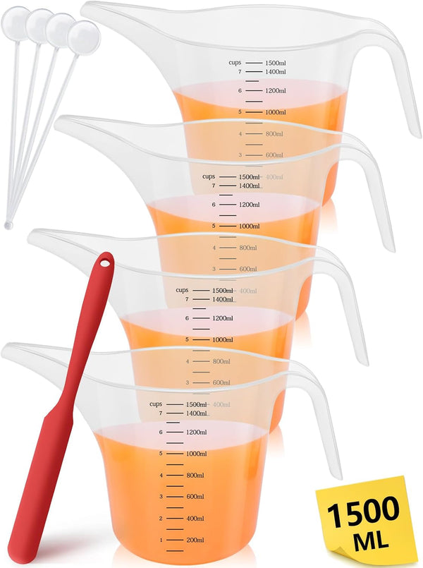 4 Pack 1500Ml/50Oz Long Spout Funnel Pitcher with Stirring Rods – Measuring Cups for Resin, Paint, Epoxy, Crafts, Soap Making, Durable and Easy to Pour, Great for Mixing, Measuring, Transfer Tasks1