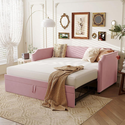 Multifunctional Upholstered Twin to King Daybed with Trundle, Pink1