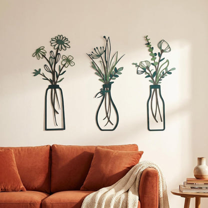 3Pcs Green Metal Flower Vase Wall Art Botanical Iron Farmhouse Decor | 3-Piece Green Metal Flower Vase Wall Art, Botanical Iron Wall Sculpture, Easy to Hang Farmhouse Decor for Living Room Bedroom2
