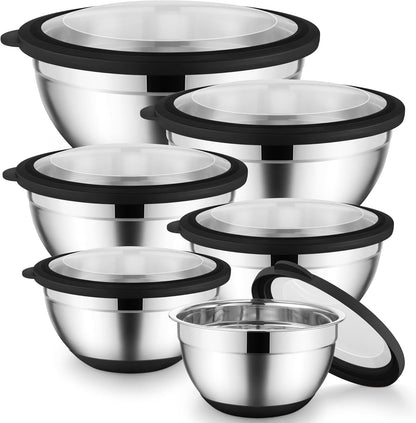 Mixing Bowls with Lids Set of 6 for Kitchen, Stainless Steel Metal Nesting Bowls with Non-Slip Bottom Black - Size 1, 1.5, 2, 2.6, 3.5, 7QT1