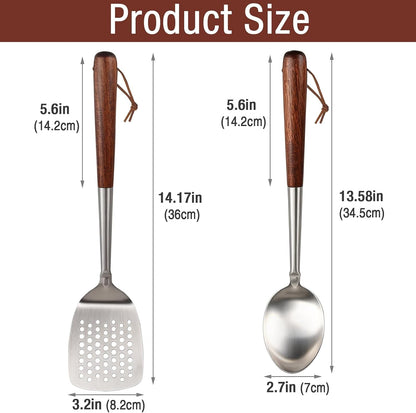 Cooking Spatula 14.2" and Spoon 13.6", Stainless Steel, Wooden Handle6