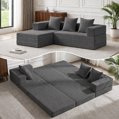 79" Modular Sectional Sofa, Boneless Convertible Sleeper Sofa Bed, Modern Tri-Folding Cloud Couch with L-Shape Chaise, Corduroy Futon for Living Room Small Spaces Apartment, No Assembly,Grey1