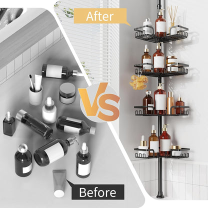Tension Pole Shower Caddy Corner for Bathroom, Adjustable 25In-114In Floor to Ceiling, Standing Shower Tension Rod Organizer, 4 Tier Storage Shelves with Hooks, Black9