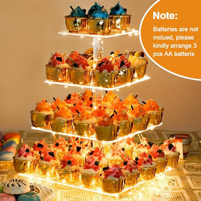 Cupcake Stand with Yellow LED Lights, 4 Tier Cupcake Stand for 50 Cupcakes, Acrylic Cupcake Tower Stand, Clear Tiered Cupcake Holder for Birthday Candy Bar Décor Weddings, Parties Events4