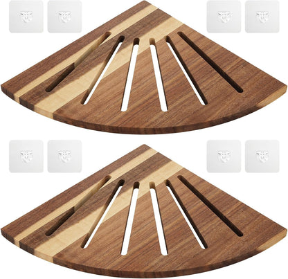 2 Pcs 10'' Acacia Wood Floating Corner Shower Shelf for Bathroom1