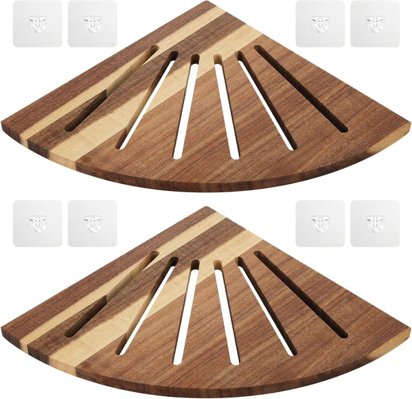 2 Pcs 10'' Acacia Wood Floating Corner Shower Shelf for Bathroom1