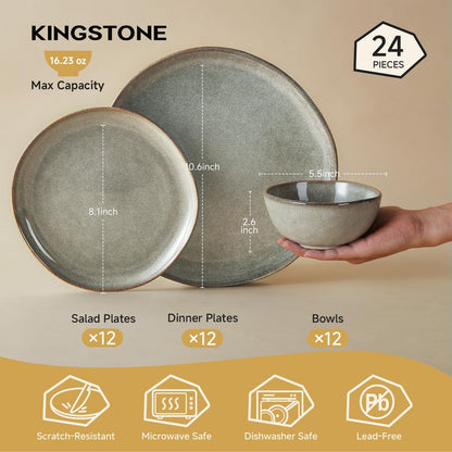 Stoneware Dinnerware Sets for 8, Reactive Glaze Plates and Bowls, Grey2